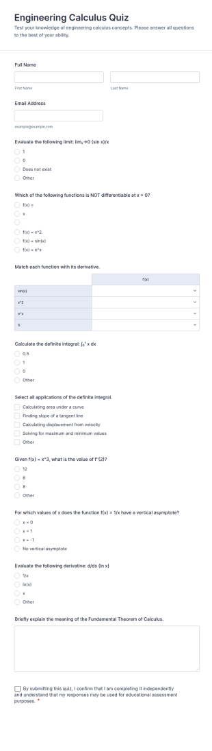 Engineering Calculus Quiz Form Template