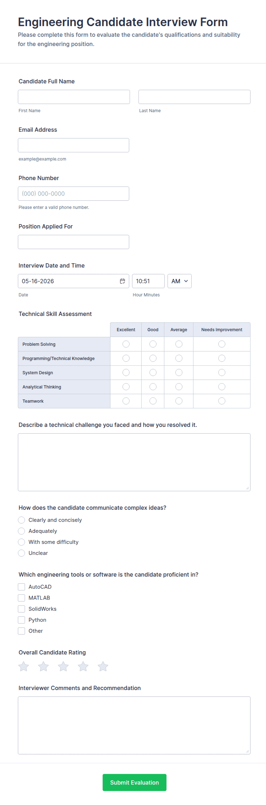 Engineering Candidate Interview Form Template | Jotform