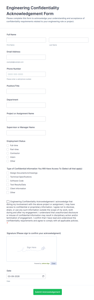 Engineering Confidentiality Acknowledgement Form Template