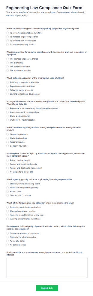 Engineering Law Compliance Quiz Form Template