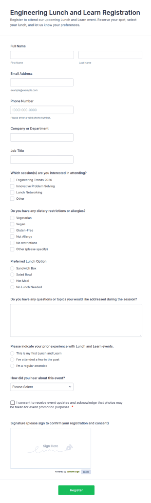 Engineering Lunch And Learn Registration Form Template