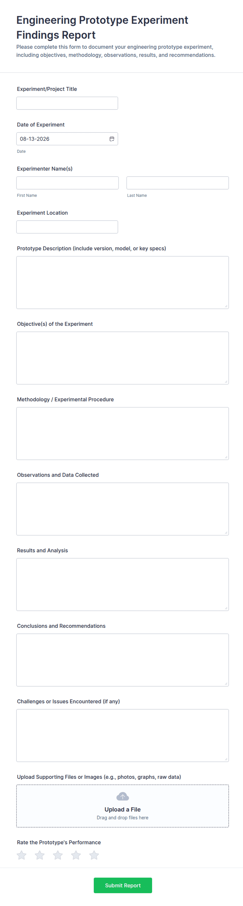 Engineering Prototype Experiment Findings Report Form Template | Jotform