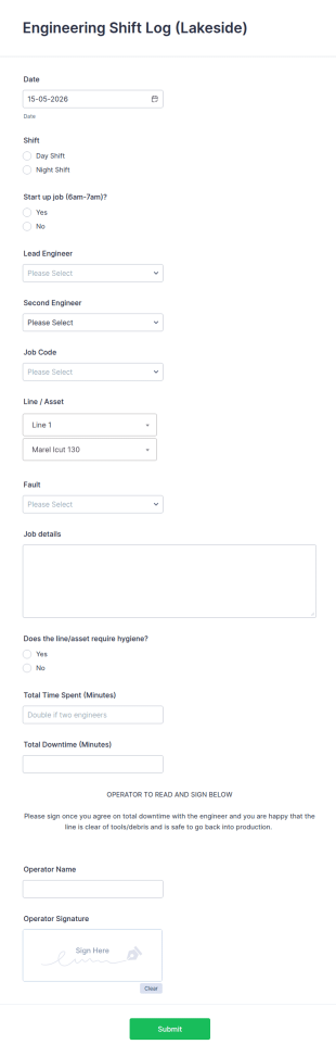 Engineering Shift Log Form Template