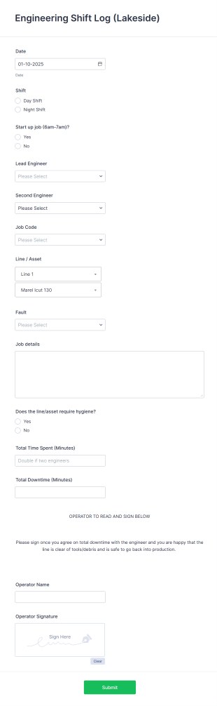Engineering Shift Log Form Template