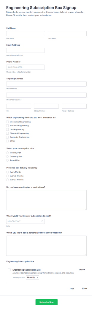 Engineering Subscription Box Signup Form Template