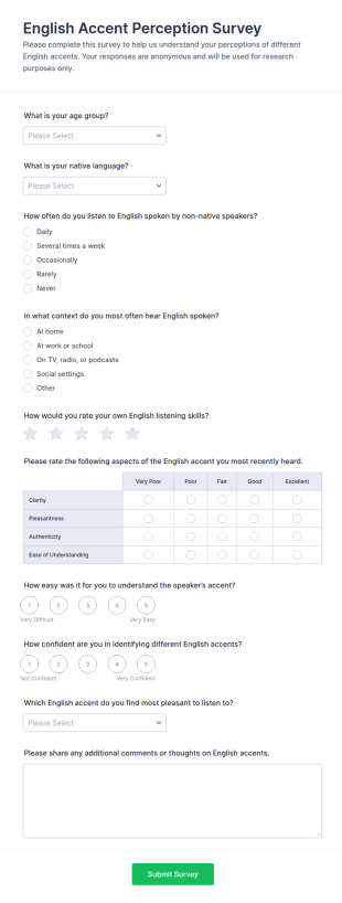 English Accent Perception Survey Form Template