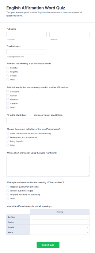 English Affirmation Word Quiz Form Template