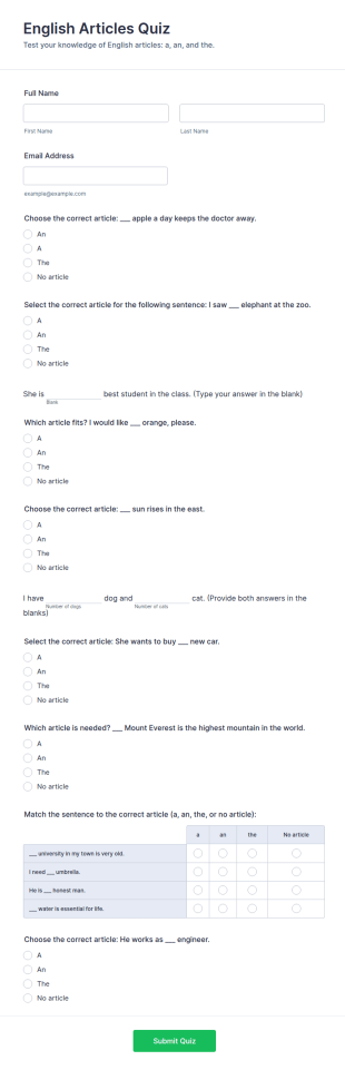 English Articles Quiz Form Template