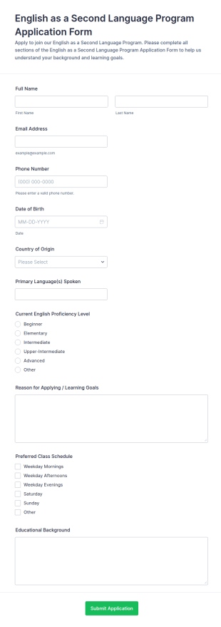English As A Second Language Program Application Form Template