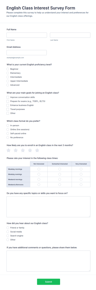 English Class Interest Survey Form Template