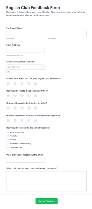 English Club Feedback Form Template