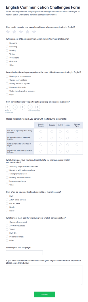 English Communication Challenges Survey Form Template