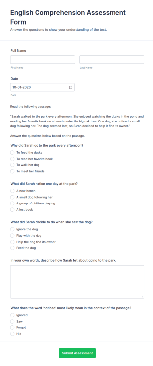 English Comprehension Assessment Form Template