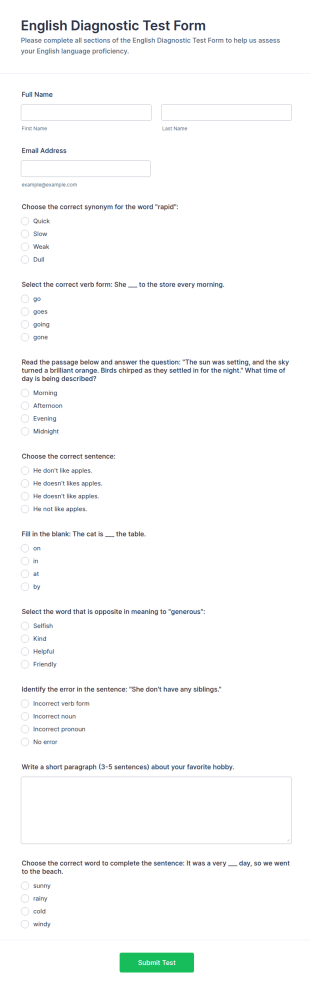 English Diagnostic Test Form Template
