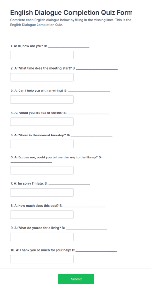 English Dialogue Completion Quiz Form Template
