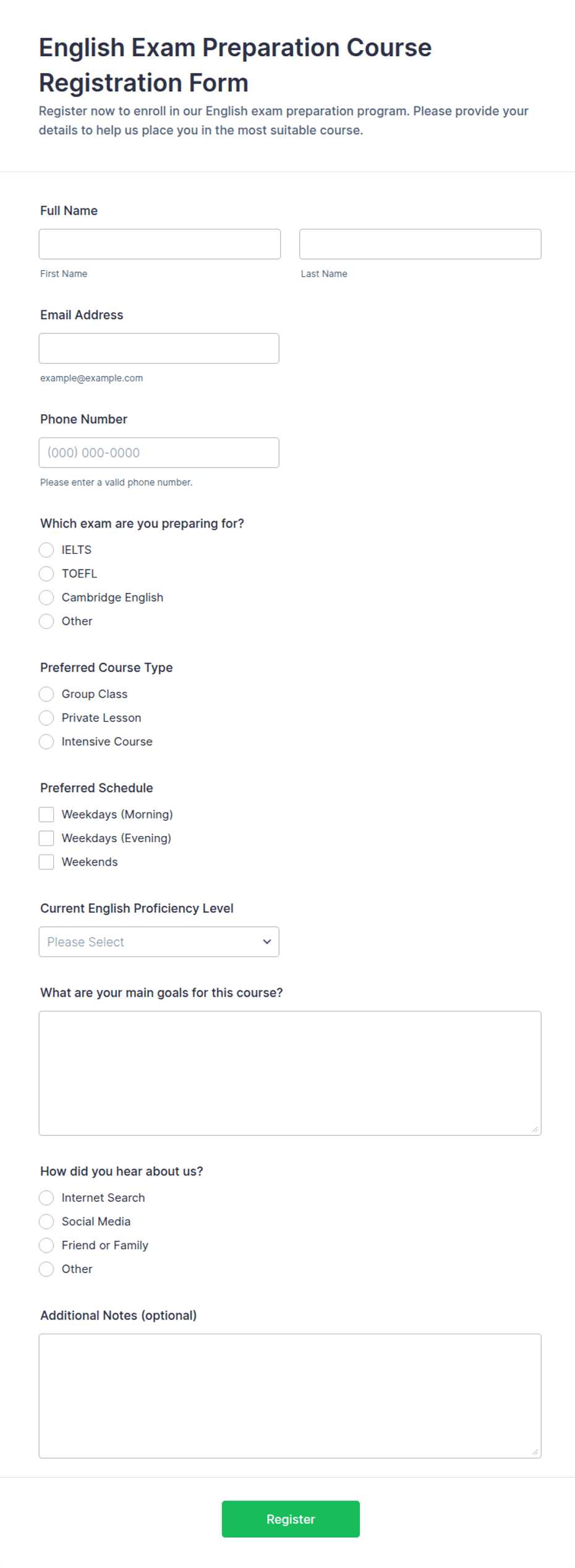 English Exam Preparation Course Registration Form Template | Jotform