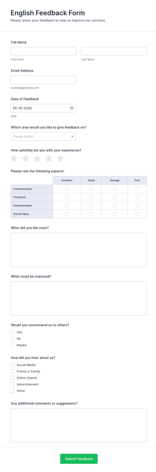 English Feedback Form Template