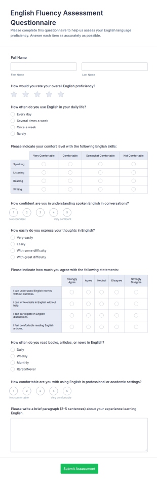 English Fluency Assessment Questionnaire Form Template