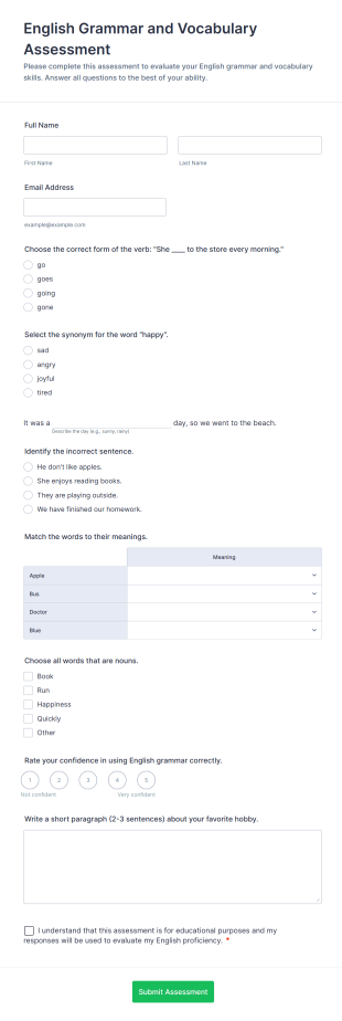 English Grammar And Vocabulary Assessment Form Template