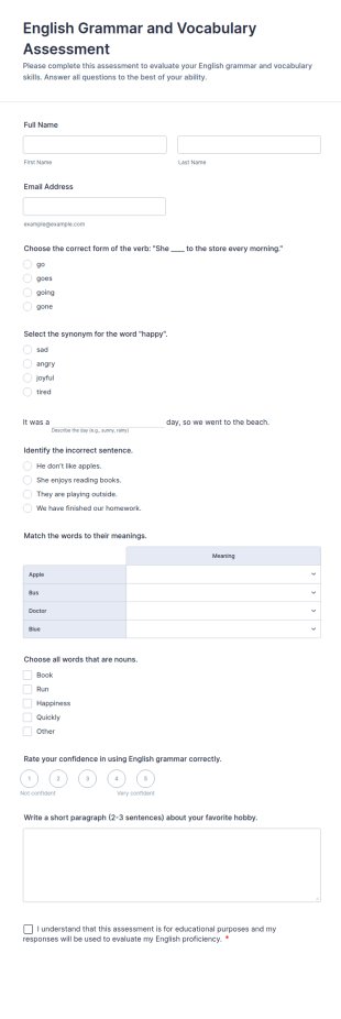 English Grammar And Vocabulary Assessment Form Template