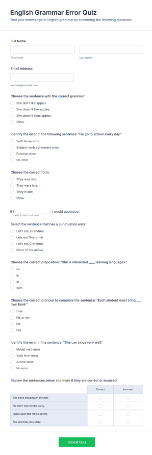 English Grammar Error Quiz Form Template