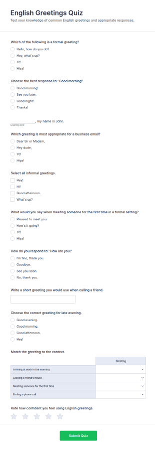 English Greetings Quiz Form Template