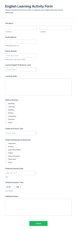 English Learning Activity Form Template