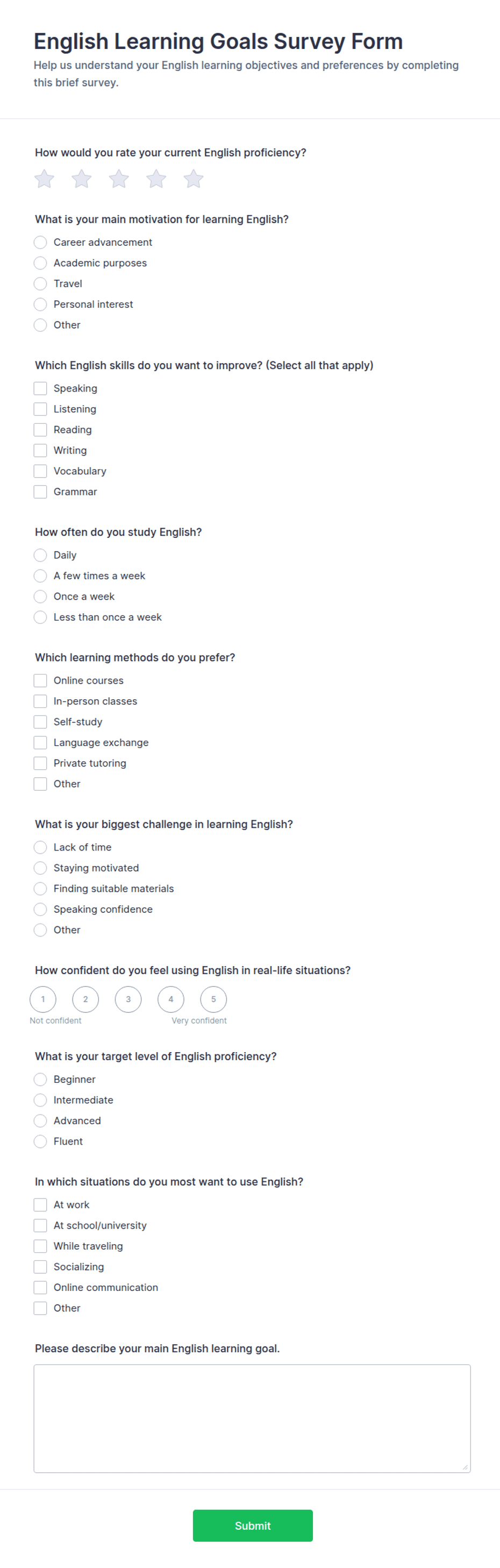English Learning Goals Survey Form Template | Jotform