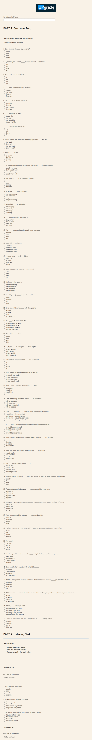 English Level Assessment Form Template