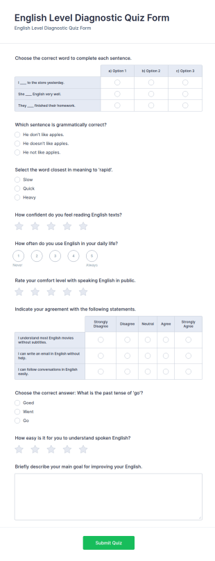 English Level Diagnostic Quiz Form Template