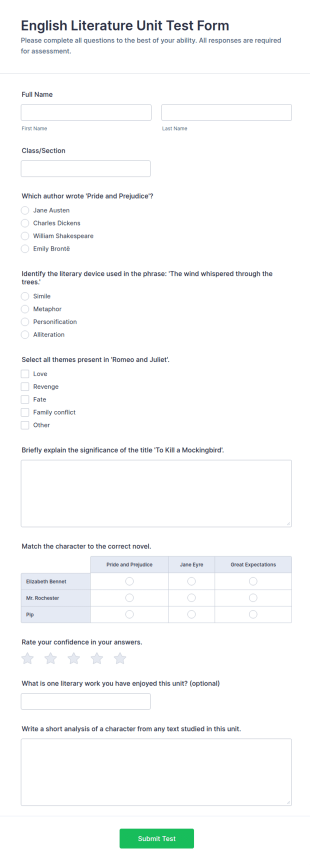 English Literature Unit Test Form Template