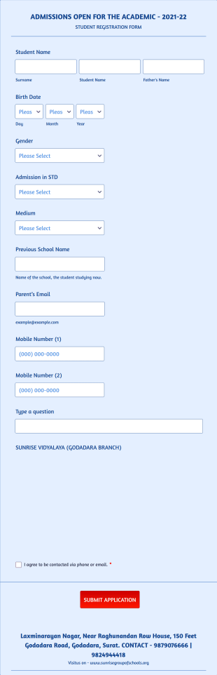 English Medium Student Registration Form Template