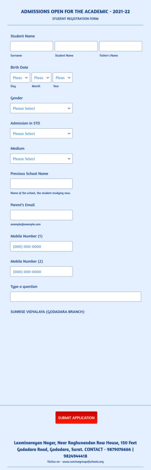 English Medium Student Registration Form Template
