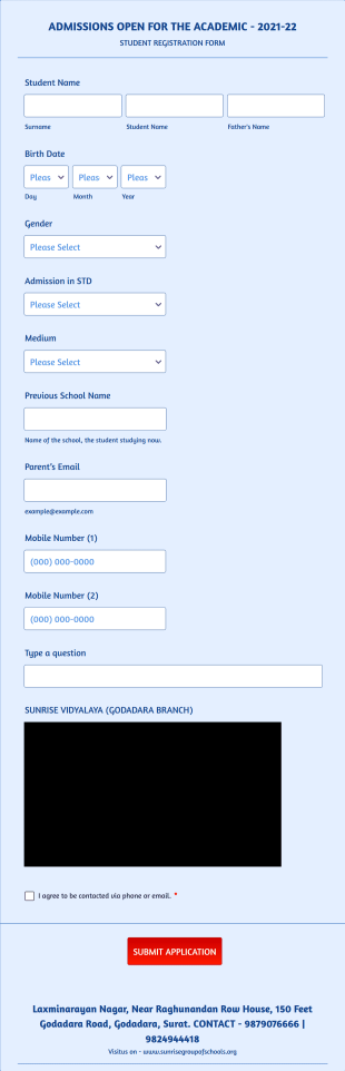 English Medium Student Registration Form Template