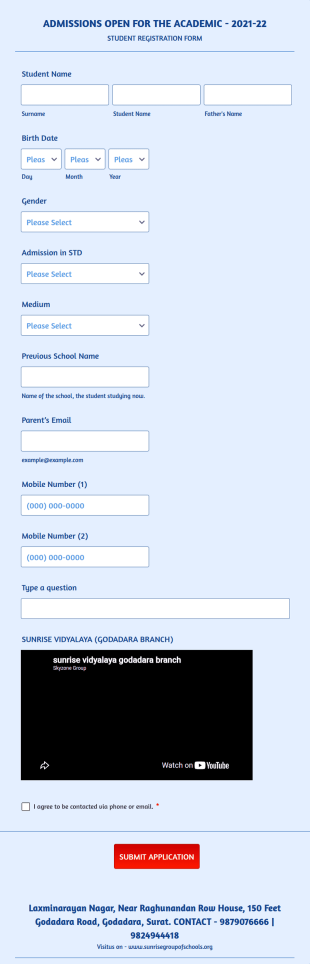 English Medium Student Registration Form Template