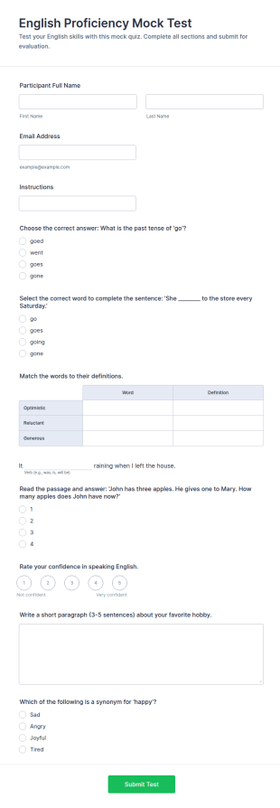 English Proficiency Mock Test Form Template