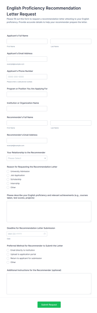 English Proficiency Recommendation Letter Request Form Template