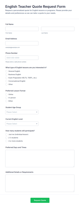 English Teacher Quote Request Form Template