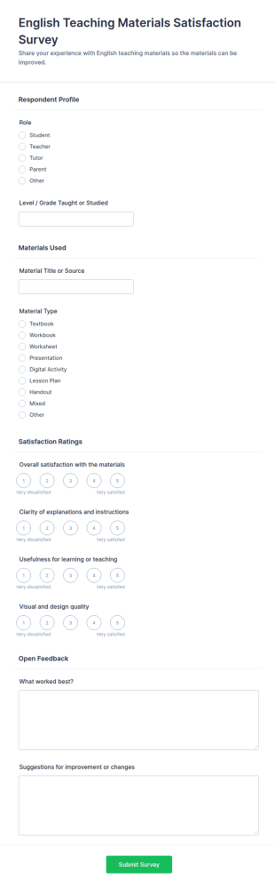 English Teaching Materials Satisfaction Survey Form Template