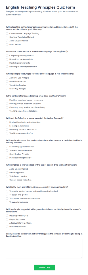 English Teaching Principles Quiz Form Template