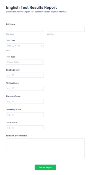 English Test Results Report Form Template