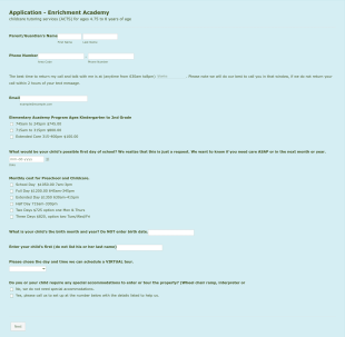Enrichment Academy Initial Application Form Template