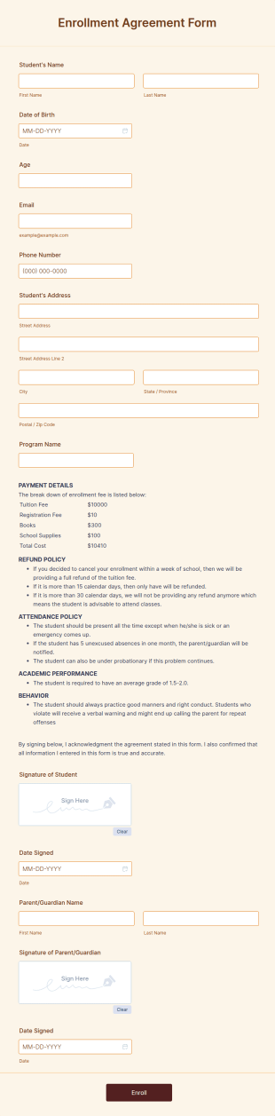 Enrollment Agreement Form Template