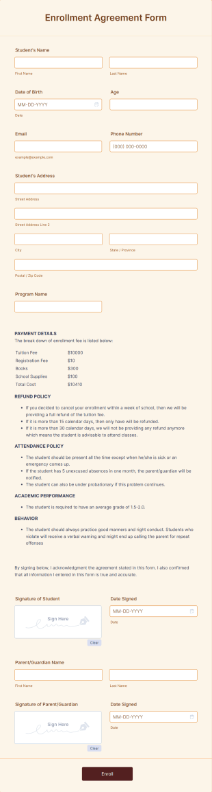 Enrollment Agreement Form Template
