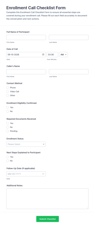 Enrollment Call Checklist Form Template