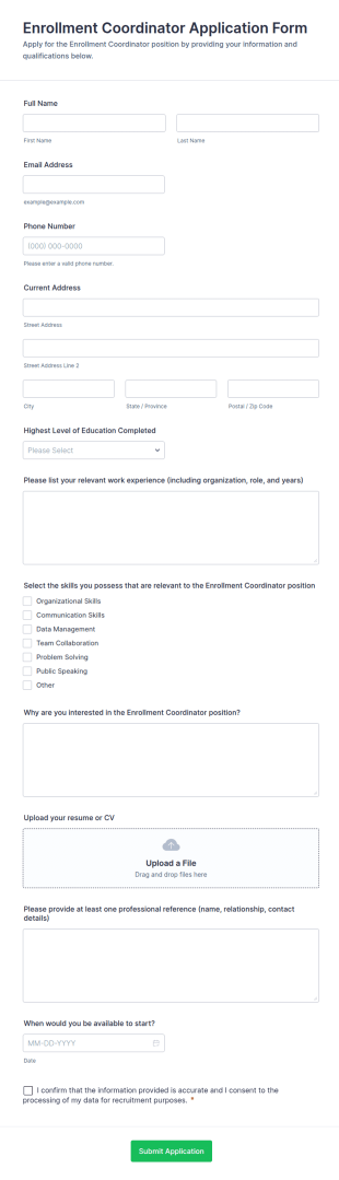 Enrollment Coordinator Application Form Template