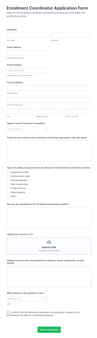 Enrollment Coordinator Application Form Template