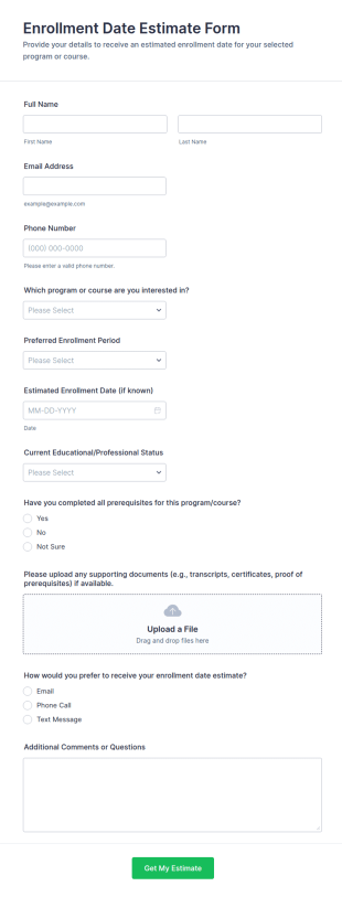 Enrollment Date Estimate Form Template
