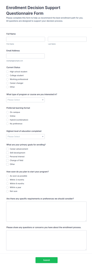 Enrollment Decision Support Questionnaire Form Template