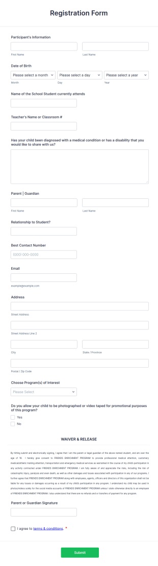 After School Programs Enrollment Form Template
